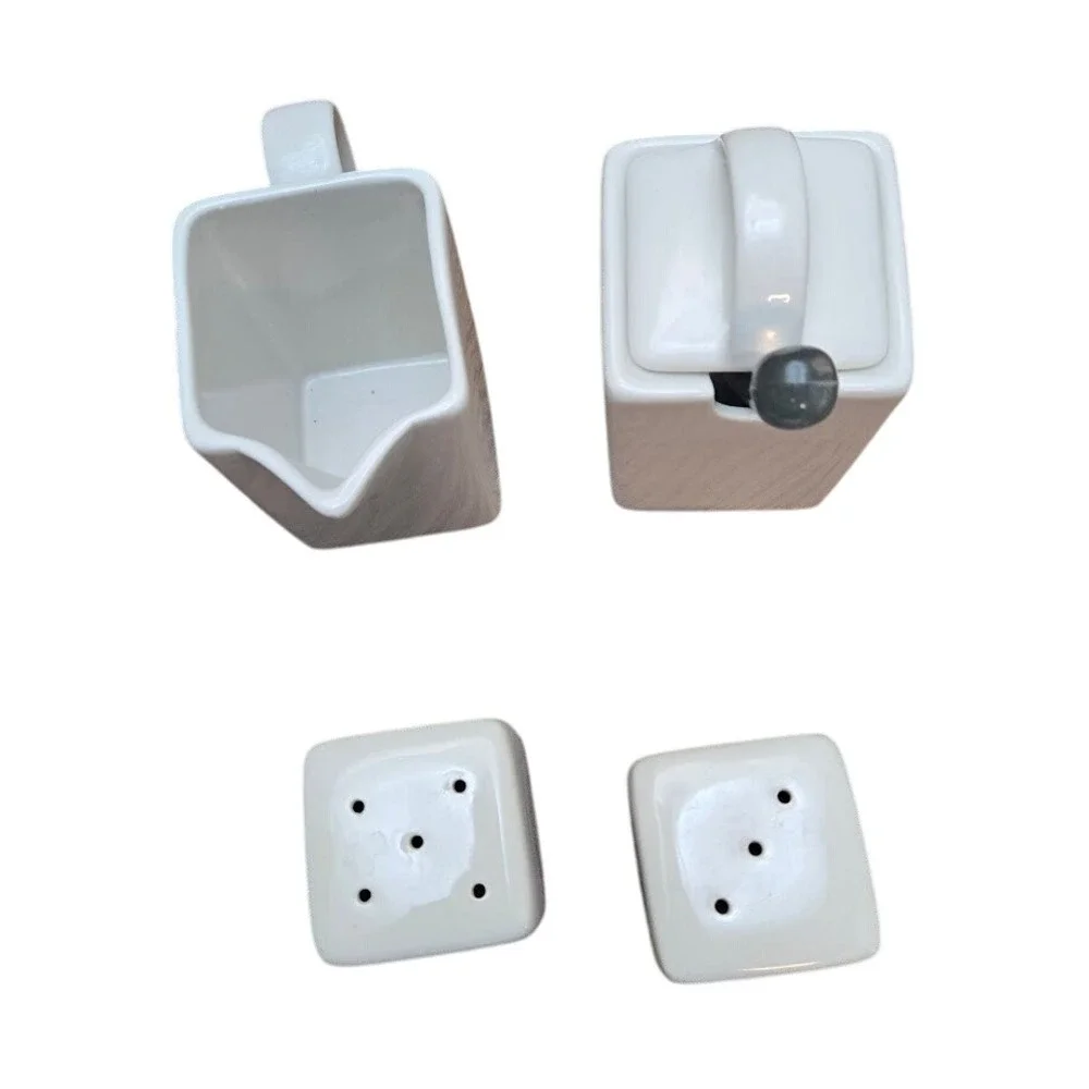 10 Strawberry‎ Street 4pc White Ceramic Creamer Sugar Salt Pepper Set